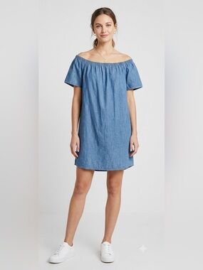 Merona Off-The-Shoulder Denim Dress 100% Cotton Elastic Neckline Medium Wash XL